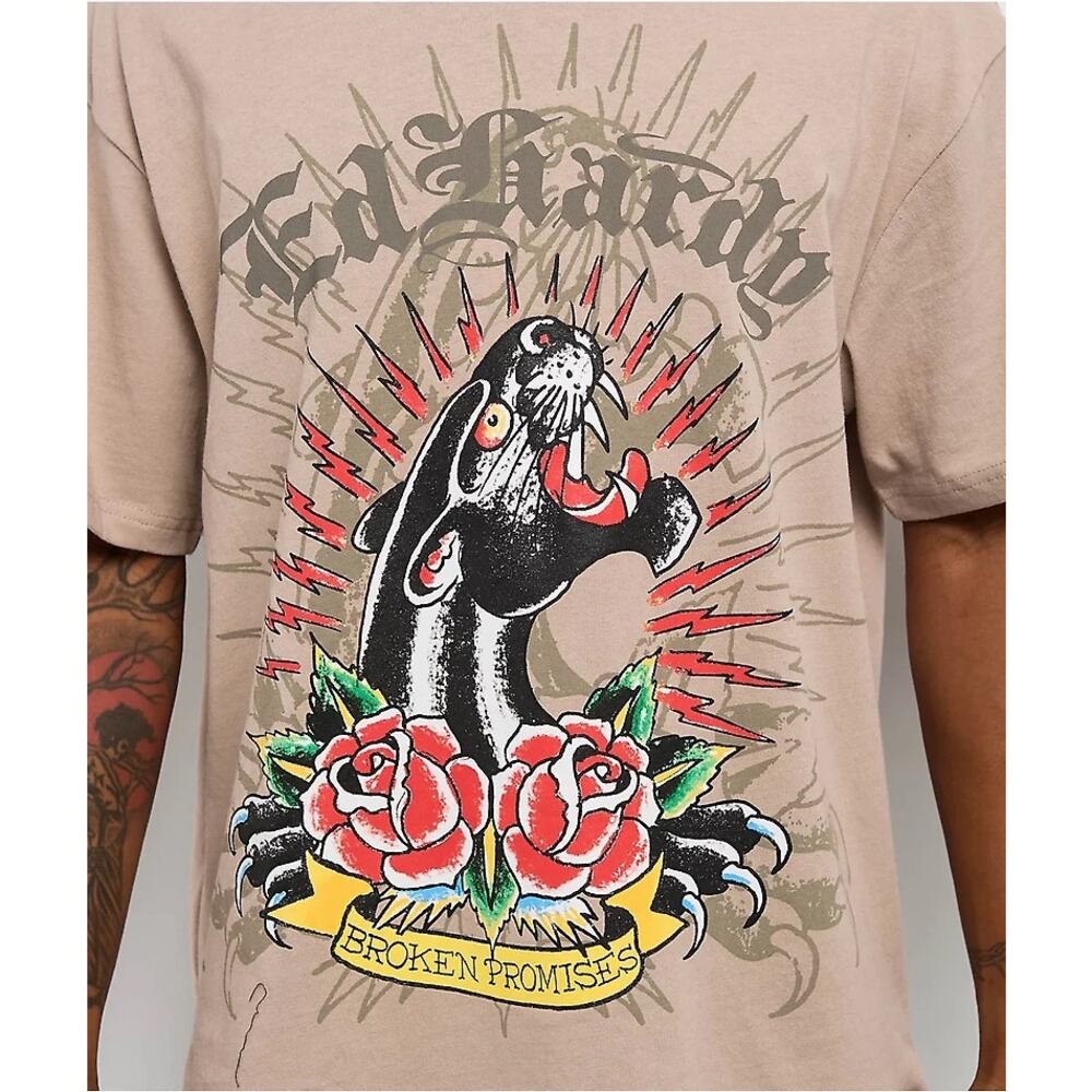 Ed Hardy x Broken Promises Love Scars Beige T-Shirt Size XL Cyber Y2K Tattoocore - Picture 2 of 13